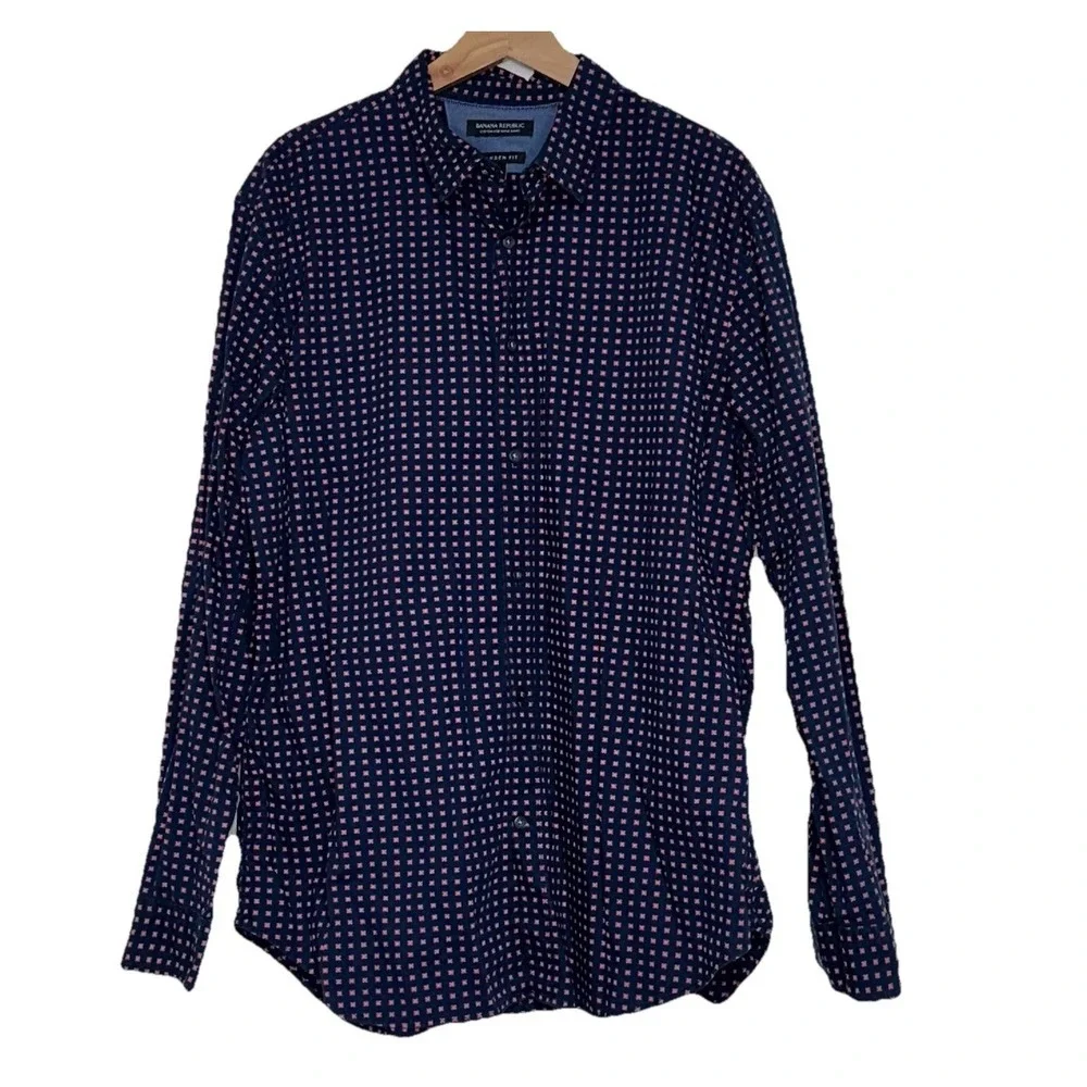 Banana Republic Mens‎ XL Button Down Shirt Camden Fit Blue Red Custom 078 Wash